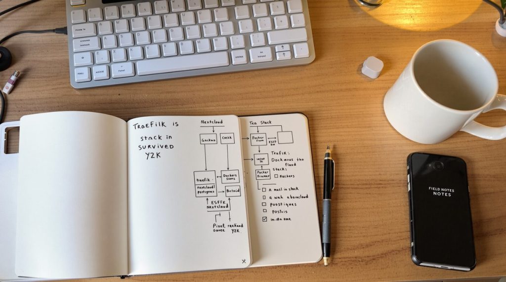 Top-down photo of a wooden desk with a sketched container stack diagram
