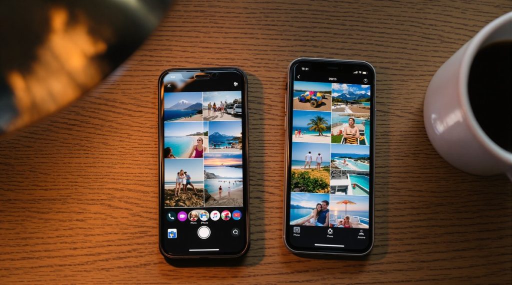 Two phones with photo grid thumbnails on a wooden desk under warm lamp light