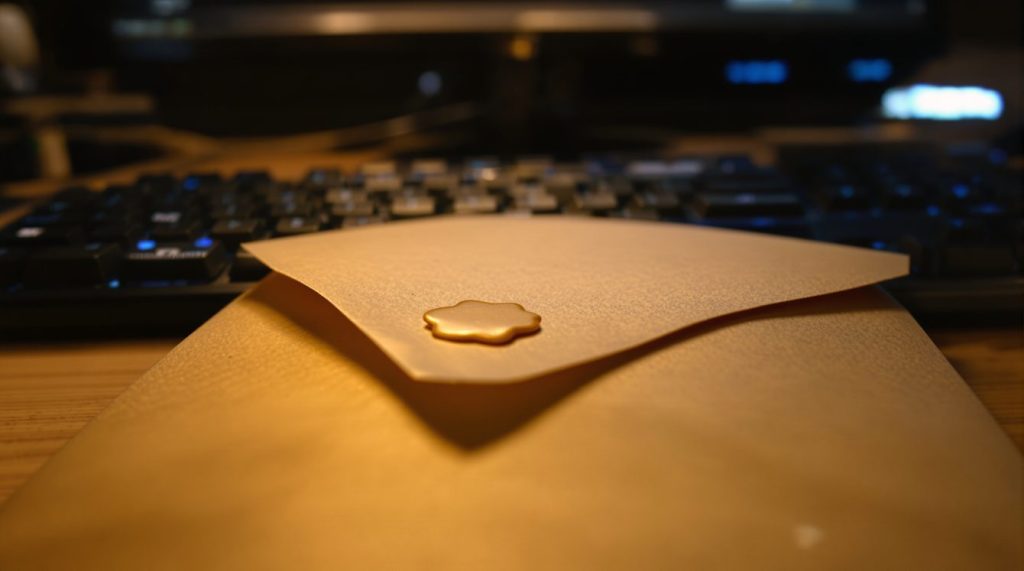 Kraft paper envelope on a mechanical keyboard under a warm desk lamp, evening homelab mood