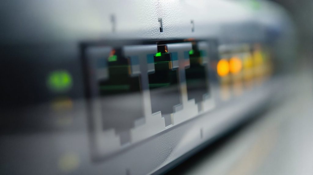 Macro close-up of green and amber LEDs on a managed network switch in a dark rack