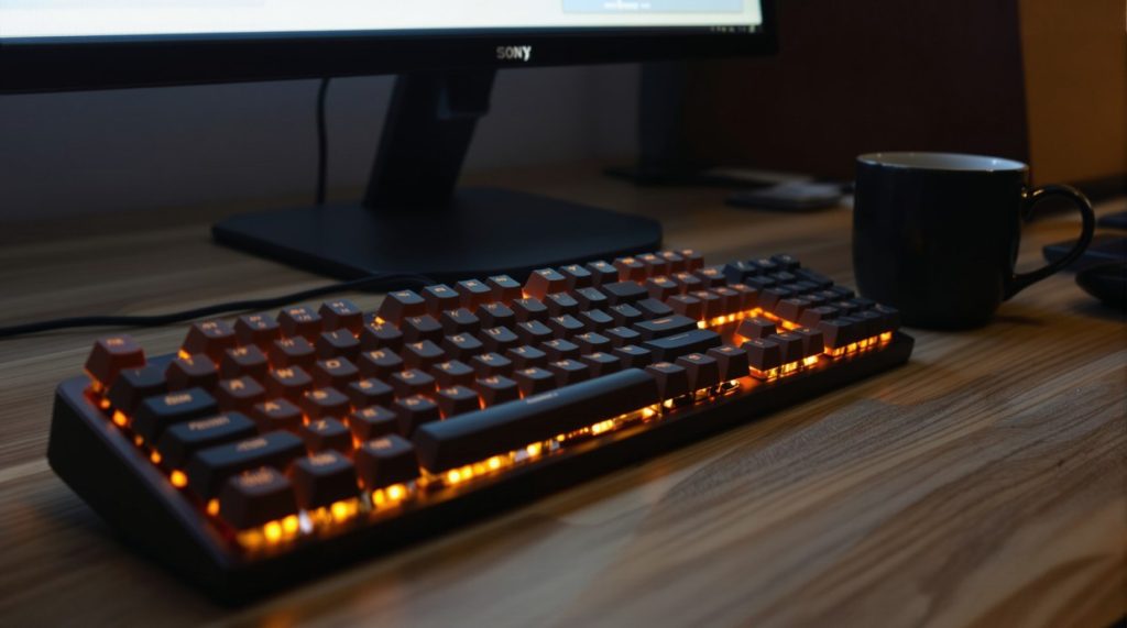Mechanical keyboard close-up under warm desk lamp, evening homelab tinker mood