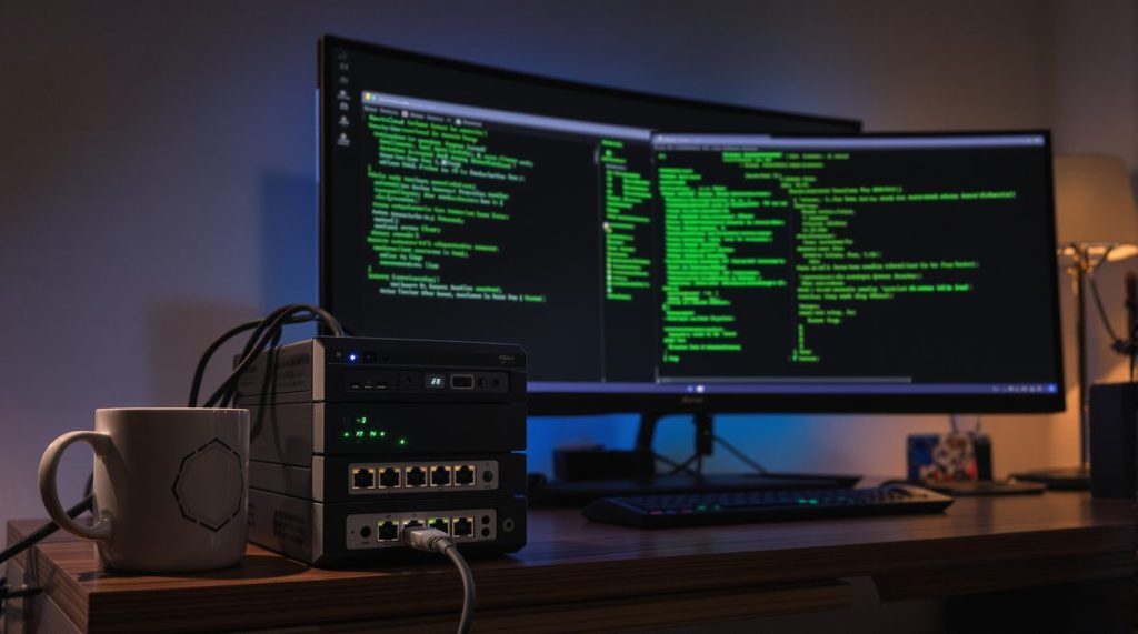 Mini-PC homelab stack with 8-port managed switch and a patch cable being plugged in